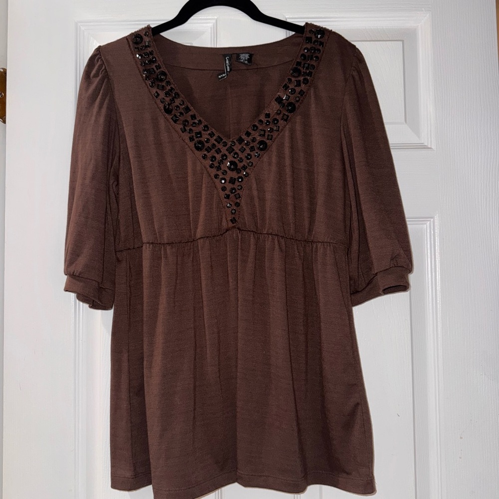 Women’s Y2K fairy Chocolate Brown Embellished beaded Blouse tunic top LP